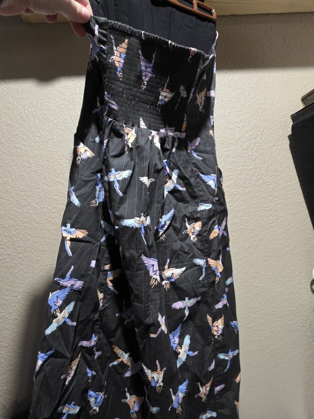 FREE PEOPLE Strapless BIRD PRINT Sunshine of Your Love POCKET Midi DRESS Size 6 - Picture 3 of 5